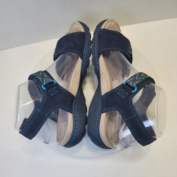 Clarks Flats Sandal Shoes Amanda Sprint Blue Suede Comfort Sporty Strap - Picture 8 of 14